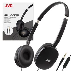 JVC Zwarte platte opvouwbare kleurrijke platte oortelefoon met afstandsbediening en microfoon, 3,94 voet vergulde 3,5 mm slanke stekker - HAS160MB, verstelbaar