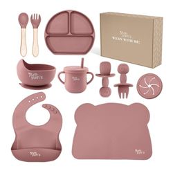 Yum Yum's Baby 10 Pcs Pink Weaning Set - Complete Toddler Feeding Kit w/Sectioned Plate, Suction Bowls, Cutlery with Mouth Guard, Straw Cup, Bib & Mat - Non-Slip - for Toddlers & Baby Gift