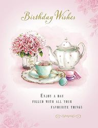 Piccadilly Greetings Traditional Birthday Card Tea Set & Flowers - 8 x 6 inches