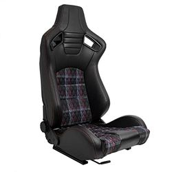 Asiento Deportivo 'GT' - Cuero Artificial Negro + Tela a cuadros Rojo + Costura Rojo - Respaldo Ajustable de Doble Cara - incl. Correderas