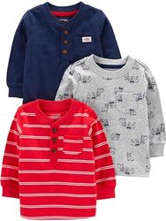 Simple Joys by Carter's Baby Boys' Long-Sleeve Shirts, Pack of 3, Grey Dogs/Navy/Red Double Stripe, 12 Months