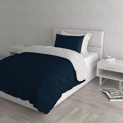 Italian Bed Linen Natural Doble Color y Funda de Almohada, Azul Oscuro/Gris Claro, Sencillo, Individual