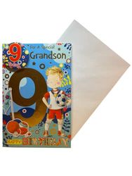 Tarjeta de cumpleaños "Express Yourself" para nieto de 9 años, incluye insignia y sobre, diseño animado de campeón de fútbol