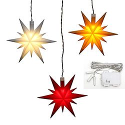 Dekohelden24 Set de Estrellas de Navidad de plástico en Rojo, Blanco y Amarillo, Incluye iluminación LED y Temporizador de 6 Horas, para Funcionamiento con Pilas, Adecuado para Interior y Exterior.