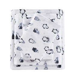 Intelligent Design Parure de lit 4 pièces en Flanelle 100% Coton - Imprimé Animaux et étoiles - Chaude, Ultra Douce pour Temps Froid - pour lit Double - Motif Pingouins Bleus