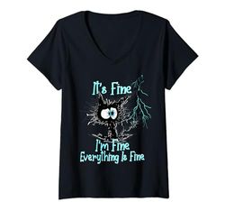 Mujer Black Cat It's Fine I'm Fine Everything is Fine Funny Gift Camiseta Cuello V