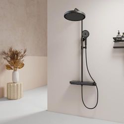 EMKE® Sistema doccia con termostato, 40 cm, ripiano in vetro, sistema doccia a pioggia, con doccetta a pioggia, 3 tipi di getto + beccuccio inferiore, facile da installare, nero opaco