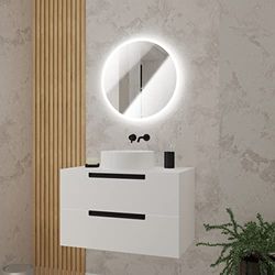 AURLANE Meuble Salle de Bains 80cm Blanc Laqué 2 tiroirs - Vasque Blanche Ø36cm et Miroir Rond à LED