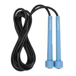 TREXO Basic - Comba para saltar para fitness en color azul con longitud ajustable hasta 275 cm, ideal para el entrenamiento, hecha de PVC y polipropileno con asas ajustables, ligera y cómoda