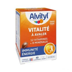 Alvityl - Comprimés Vitalité - 12 vitamines et 8 minéraux - Dès 6 ans, goût chocolat - 40 comprimés