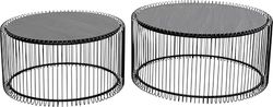 Kare Juego de 2 mesas de centro de diseño Wire Wood, color negro, 63/53 cm de diámetro, mesa de salón, estructura de acero, mesa de madera, salón, redonda, 34 x 70 x 70 cm (alto x ancho x profundidad)