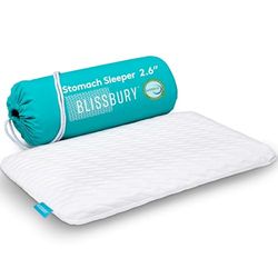 BLISSBURY Thin 2.6" Stomach Sleeping Memory Foam Pillow. Slim, Flat, Cooling Sleep for Belly or Back with Soft Bamboo Washable Cover, Neck and Head Support for Men and Women Bedding Accessories