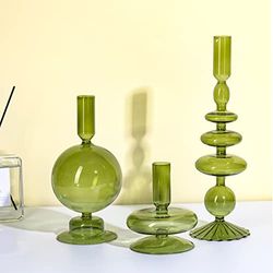 Rtteri 3 portavelas de Cristal, candelabros cónicos de Vidrio, portavelas de Vidrio Ondulado, Elegantes jarrones de Vidrio para Centro de Mesa de Fiesta en casa (Verde)