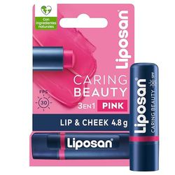 Liposan Caring Beauty Lip and Cheek Pink, bálsamo de labios y colorete en barra de tono rosa, protector labial en stick 3 en 1 para un look sencillo, 1 x 4,8 g