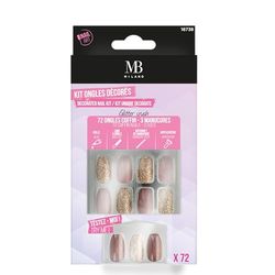 MB MILANO - Nail Art - Lot de 72 faux-ongles décorés - Kit Tout en 1 - Forme Coffin - Assortiment Ongles Nudes et Ongles Dorés - 12 tailles - Glitter Crush