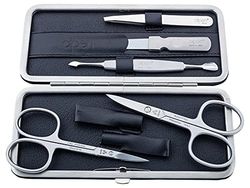 Alpen Manicure Set, 5 Pieces, Rust-Proof, Cuticle Scissors, Nail Scissors, Tweezers, Nail Pusher, Nail File, Black Frame case