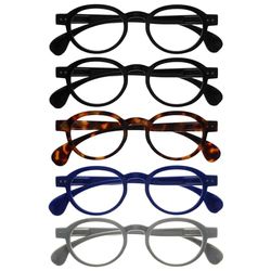 OPULIZE OCA Occhiali da lettura - Pacco da 5 - Montatura Moderna Retró Rotonda - Nero Marrone Blu Grigio - Uomini Donne -Cerniere a molla- RRRRR54-11237 - +1.50