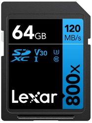 Lexar High-Performance 800x 64GB SD Kaart, SDXC UHS-I Geheugenkaart, Class 10, U3, V30, tot 120 MB/s lezen, voor point-and-shoot camera's, mid-range DSLR, HD-camcorder (LSD0800064G-BNNAG)