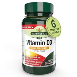 Natures Aid Vitamin D3 1000iu – High Strength Supplement for Bone, Muscle & Immune Support – Vegan, Non-GMO, Gluten-Free – Essential Nutrient – 180 Tablets