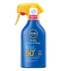 Nivea Men Sun Kids Protezione e cura 5 in 1, protezione solare SPF 50+ (250 ml), alta protezione solare con olio di mandorle biologico, spray solare extra impermeabile per pelli sensibili
