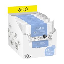 Lingettes LILLYDOO pour bébé faites à 99% d'eau, Lot de 10 x 60 (600 pièces), tissu 100% sans plastique, sans parfum et doux comme du coton et de l'eau