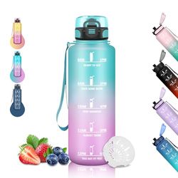Borraccia 1,5 litri, Borraccia Motivazionale Senza Perdite, Borraccia Sportiva con Filtro, Borraccia per Bere di Piu, Facile da Pulire, Borracce per Corsa, Trekking, Campeggio, Ciclismo, Verde-Rosa