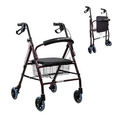 Rollator lichtgewicht | Inklapbaar en verstelbaar | Aluminium | Met mandje en zitting | Bordeaux | Escorial | Mobiclinic