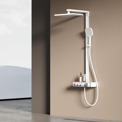 EMKE Sistema doccia con termostato, sistema doccia a pioggia bianco opaco, con grande doccia a pioggia da 36 x 24 cm, 3 tipi di getto, asta doccia regolabile in altezza e tubo, set completo