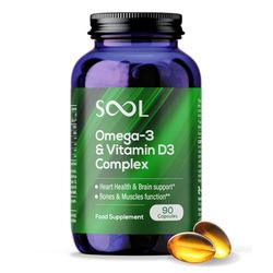 SOOL Omega 3 e Vitamina D3 Complesso in Softgel, 90 Capsule | 20% EPA e 50% DHA | Integratore Omega-3 Due al Giorno | Vitamina D3 2000UI per Porzione