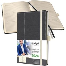 SIGEL C2457 weekkalender 2024, lederlook, ca. A5, donkergrijs/wit, hardcover, 192 pagina's, elastiek, penlus, archieftas, PEFC-gecertificeerd, conceptum