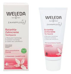 Weleda Dentifricio Ratania, dentifricio senza fluoro al gusto menta, con estratti di mirra e radice di ratania, efficacia contro la placca clinicamente testata (1x75 ml)