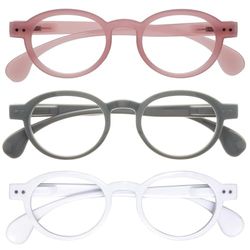 OPULIZE OCA Occhiali da lettura - Pacco da 3 - Montatura Moderna Retró Rotonda - Rosa Grigio Bianco - Uomini Donne - Cerniere a molla - RRR54-47W - +1.50