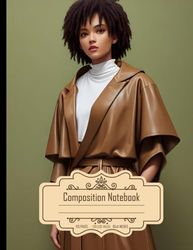 Composition Notebook College Ruled: Masterpiece 4K High Detail, Trending Human, Beige Leather Robe with Green Details, Sandy Background, Brown Skin Color, Size 8.5x11 Inches, 120 Pages