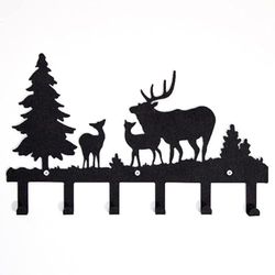 Homemania HOMESRV-128 Kledinghaken voor Kerstmis, dieren, bos, herten met haken, muurkunst, wandingang, hal, zwart, metaal, 42 x 28 cm