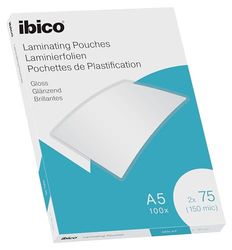 Ibico Láminas para Plastificar Tamaño A5, Acabado Brillante, 150 Micras, Pack de 100, Transparentes, 627314