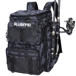 PLUSINNO Zaino da Pesca Con Porta Canne - Grande Borsa Impermeabile da 42 Litri - Attrezzatura per Campeggio, Escursionismo - Regali per Uomini Padre - Nero Mimetico.