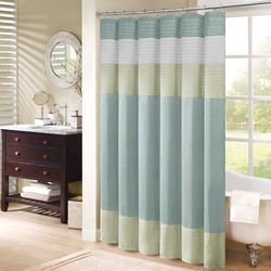 Madison Park Bathroom Shower Faux Silk Pieced Striped Modern Microfiber Bath Curtains, Polyester, Green, 72" W x 72" L (Pack of 1)