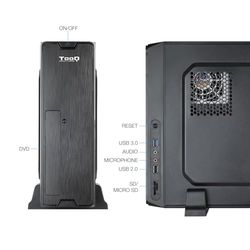 Caja slim MATX con lector de tarjetas, 500W de potencia, ideal para construir sistemas compactos y de bajo consumo.