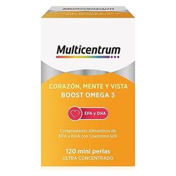 Multicentrum Boost Omega 3, Corazón, Mente y Vista, Triple Función Cardíaca, Cerebral y Visual, Complemento Alimenticio Con EPA, DHA y Coenzima Q10, Sin Gluten, Para Adultos, 120 Cápsulas