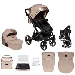 skiddoü 2-in-1 Oslo Buggy en babykuip multifunctionele kinderwagen, inklapbaar frame, regelbaar, schokabsorberende wielen, muggennet, voetbescherming, regenbeschermingsfolie, tas, beige