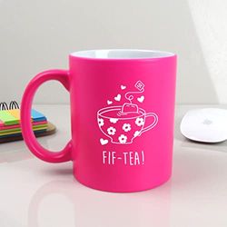 eBuyGB Engraved Neon Pink Coffee Mug -FIF-Tea Design - 310ml Tea Cup, 50th Birthday Gifts for Women, Her - Fiftieth Birthday Gift for Mum, Friend, Sister, Grandma