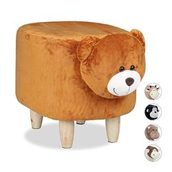 Relaxdays Tabouret Enfant Motifs Animaux, Bois, Polyester, Peluche, Ours, 35 x 32 x 40 cm