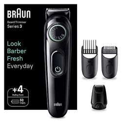 Braun Beard Trimmer Series 3 & Hair Clippers, 40 Length Settings, Rechargeable 50-min Cordless Runtime, Gifts for Men, UK 2 Pin Plug, BT3421, Black/Vibrant Green