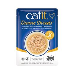 Catit Divine Shreds Cibo per gatti Premium, topping per cibo secco, con carne di pollo, sgombri e broccoli, 1 confezione, 75 g