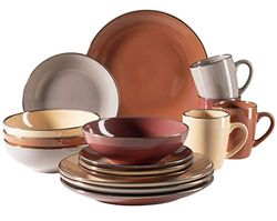 MÄSER 931871 Metallic Rim Service de table moderne pour 4 personnes avec bord couleur laiton, 16 pièces avec formes coupées sans bordure, multicolore, grès, naturel