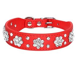 Didog - Niedliches Hundehalsband aus PU-Leder – Strass-Blumenmuster – 2,5 cm breit, passend für kleine und mittelgroße Hunde, rot 27,9–33 cm