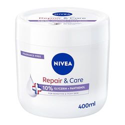 NIVEA Crema Corpo Repair & Care 400 ml, Crema multiuso senza profumo per pelle sensibile e irritata, Crema corpo, viso e mani ad assorbimento rapido arricchita con Pantenolo e Glicerina