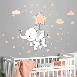 Muursticker kinderen - babykamer - muursticker kinderkamer - muursticker vrolijke olifant + 120 sterren - muursticker jongen - H40 x L30 cm