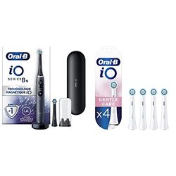 Oral-B iO 8N Brosse À Dents Électrique Noire connectée Bluetooth, 2 Brossettes, 1 Étui De Voyage & iO Gentle Care, Embout, Pack de 4 Brossettes de Rechange pour Brosse à Dents Électrique, Blanc