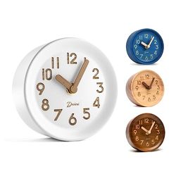 Driini Horloge de Bureau analogique en Bois, 10,9 cm Horloge décorative en Bois de pin silencieuse, Facile à Lire, avec Corps, Aiguilles et Couvercle de Batterie en Bois, pour Table, cheminée, Blanc